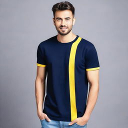 A navy blue t-shirt with a yellow stripe on the right sleeve