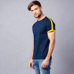 A navy blue t-shirt with a yellow stripe on the right sleeve