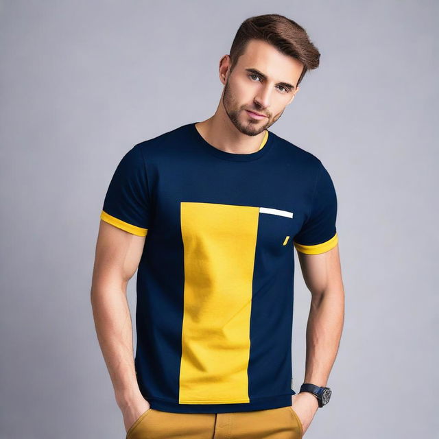 A navy blue t-shirt with a yellow stripe on the right sleeve