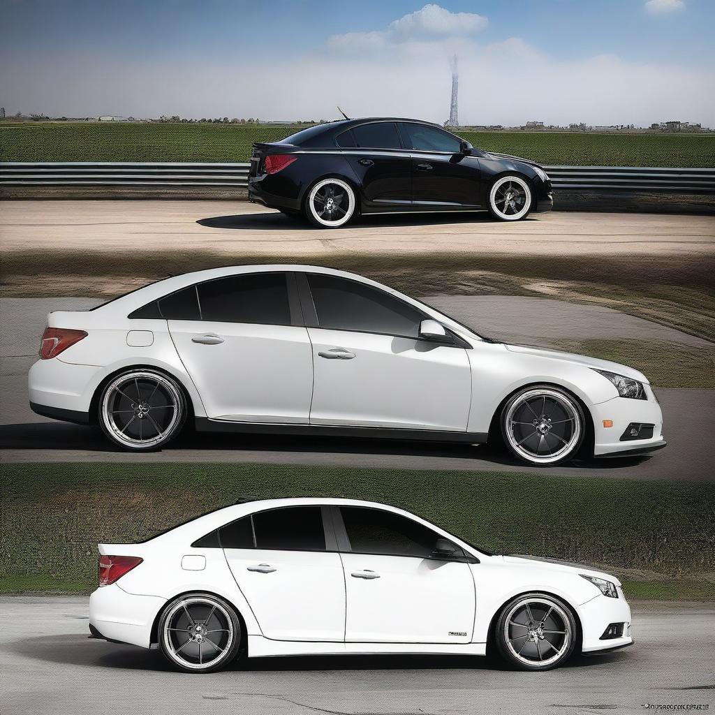 The customized 2013 Chevrolet Cruze features a striking black and white color scheme, enhancing its sporty appearance