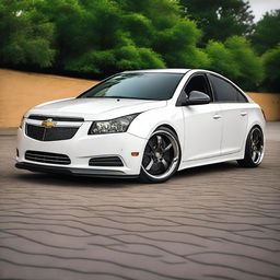 The customized 2013 Chevrolet Cruze features a striking black and white color scheme, enhancing its sporty appearance