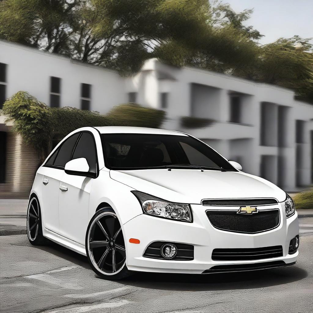 The customized 2013 Chevrolet Cruze features a striking black and white color scheme, enhancing its sporty appearance