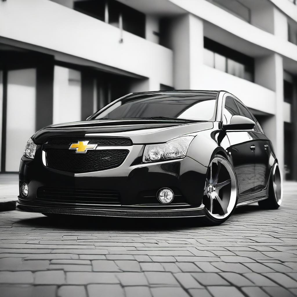 The customized 2013 Chevrolet Cruze features a striking black with white scheme, enhancing its sporty appearance with carbon fibre on the bonnet