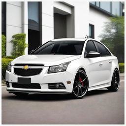 The customized 2013 Chevrolet Cruze features a striking black with white scheme, enhancing its sporty appearance with carbon fibre on the bonnet