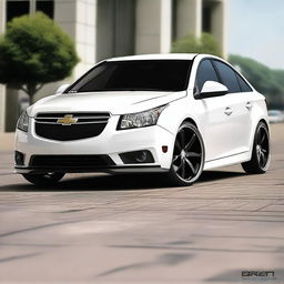 The customized 2013 Chevrolet Cruze features a striking black with white scheme, enhancing its sporty appearance with carbon fibre on the bonnet