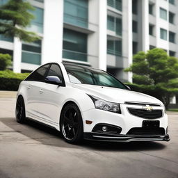 The customized 2013 Chevrolet Cruze features a striking black with white scheme, enhancing its sporty appearance with carbon fibre on the bonnet