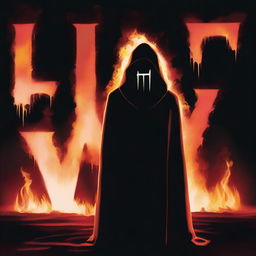 A dark hooded figure, removing a mask with the face not shown, stands in front of the word 'FOE' written in big bold fire letters