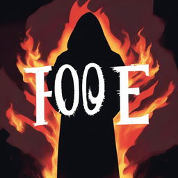 A dark hooded figure, removing a mask with the face not shown, stands in front of the word 'FOE' written in big bold fire letters