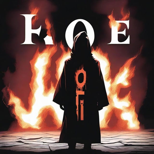 A dark hooded figure, removing a face mask halfway with the face not shown, stands in front of the word 'FOE' written in big bold fire letters