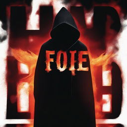 A dark hooded figure, removing a face mask halfway with the face not shown, stands in front of the word 'FOE' written in big bold fire letters