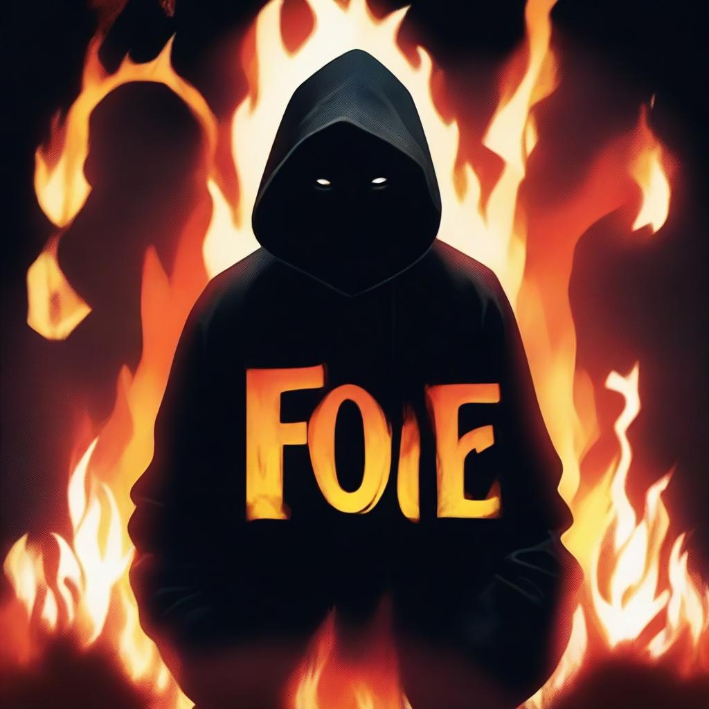 A dark hooded figure, removing a ski mask halfway with the face not shown, stands in front of the word 'FOE' written in big bold fire letters