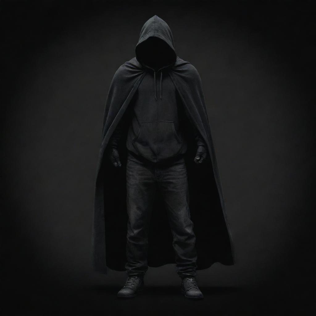 A full body Disney-style illustration of a vigilante wearing a hood and carrying a cloth bag on one shoulder, set against a foreboding, dark black-themed backdrop.