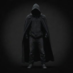 A full body Disney-style illustration of a vigilante wearing a hood and carrying a cloth bag on one shoulder, set against a foreboding, dark black-themed backdrop.