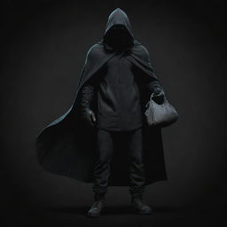 A full body Disney-style illustration of a vigilante wearing a hood and carrying a cloth bag on one shoulder, set against a foreboding, dark black-themed backdrop.