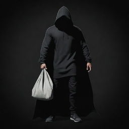 A full body Disney-style illustration of a vigilante wearing a hood and carrying a cloth bag on one shoulder, set against a foreboding, dark black-themed backdrop.