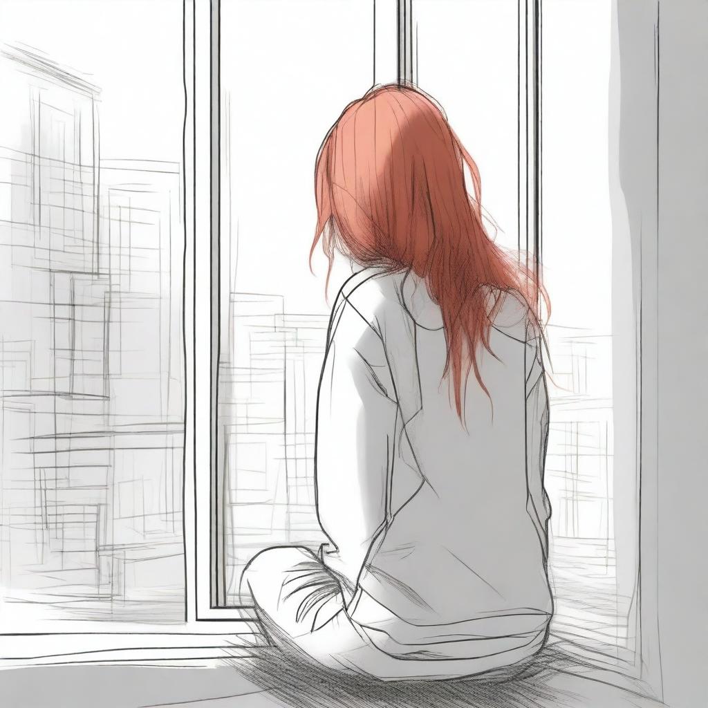 A sketched image of a girl with fiery hair cascading down her back