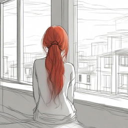 A sketched image of a girl with fiery hair cascading down her back