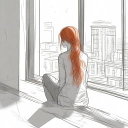 A sketched image of a girl with fiery hair cascading down her back