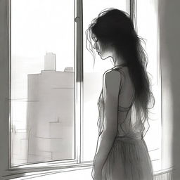 A detailed sketched image of a girl with hair cascading down her back