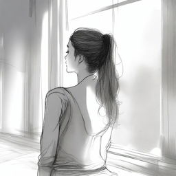 A detailed sketched image of a girl with hair cascading down her back