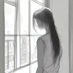 A detailed sketched image of a girl with hair cascading down her back