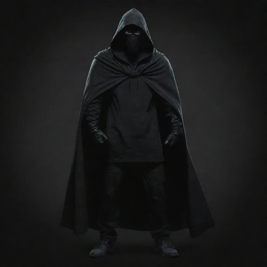 A full body Disney-style illustration of a vigilante wearing a hood and carrying a cloth bag on one shoulder, set against a foreboding, dark black-themed backdrop.