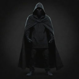 A full body Disney-style illustration of a vigilante wearing a hood and carrying a cloth bag on one shoulder, set against a foreboding, dark black-themed backdrop.
