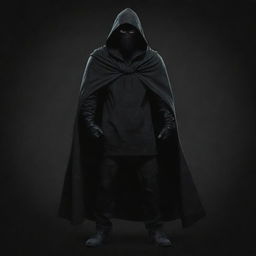 A full body Disney-style illustration of a vigilante wearing a hood and carrying a cloth bag on one shoulder, set against a foreboding, dark black-themed backdrop.