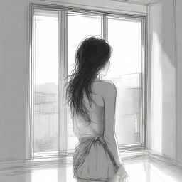 A detailed sketched image of a girl with hair cascading down her back