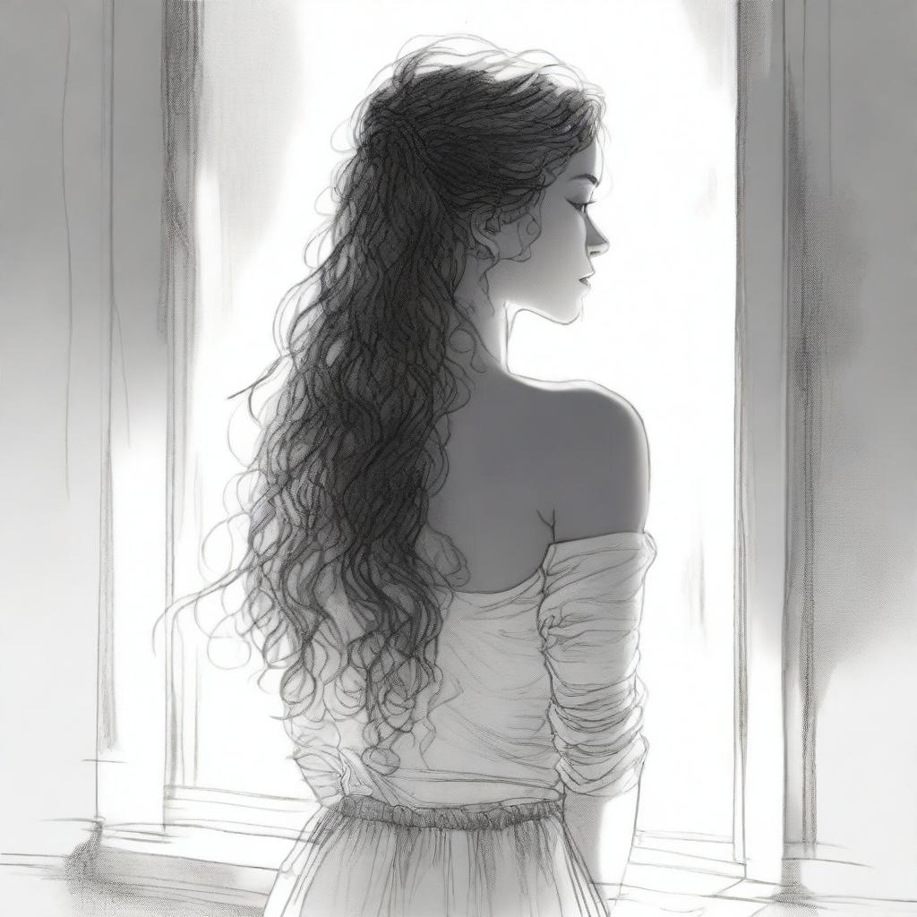 A detailed sketched image of a girl with beautiful hair in loose curls cascading down her back