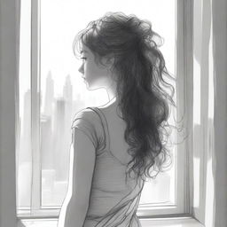 A detailed sketched image of a girl with beautiful hair in loose curls cascading down her back