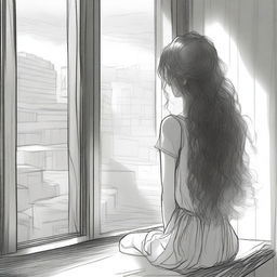 A detailed sketched image of a girl with beautiful hair in loose curls cascading down her back