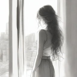 A detailed sketched image of a girl with beautiful hair in loose curls cascading down her back