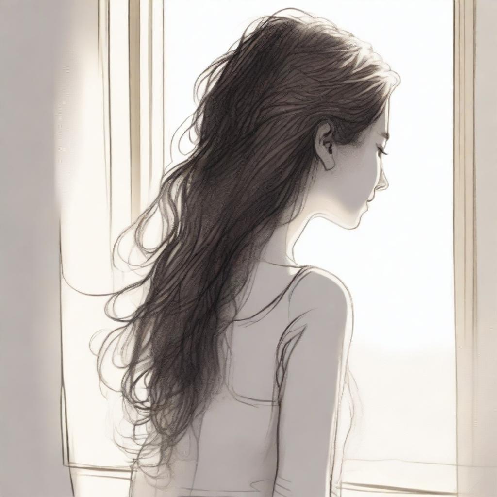 A detailed sketched image of a girl with beautiful hair cascading down her back