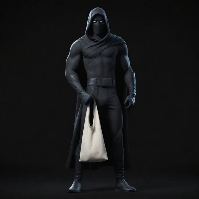 Full body, Disney-style animated depiction of a vigilante with a cloth bag slung over one shoulder, set against a dark, black-themed background.