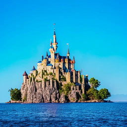 A grand castle situated on a floating island amidst the clear blue sky