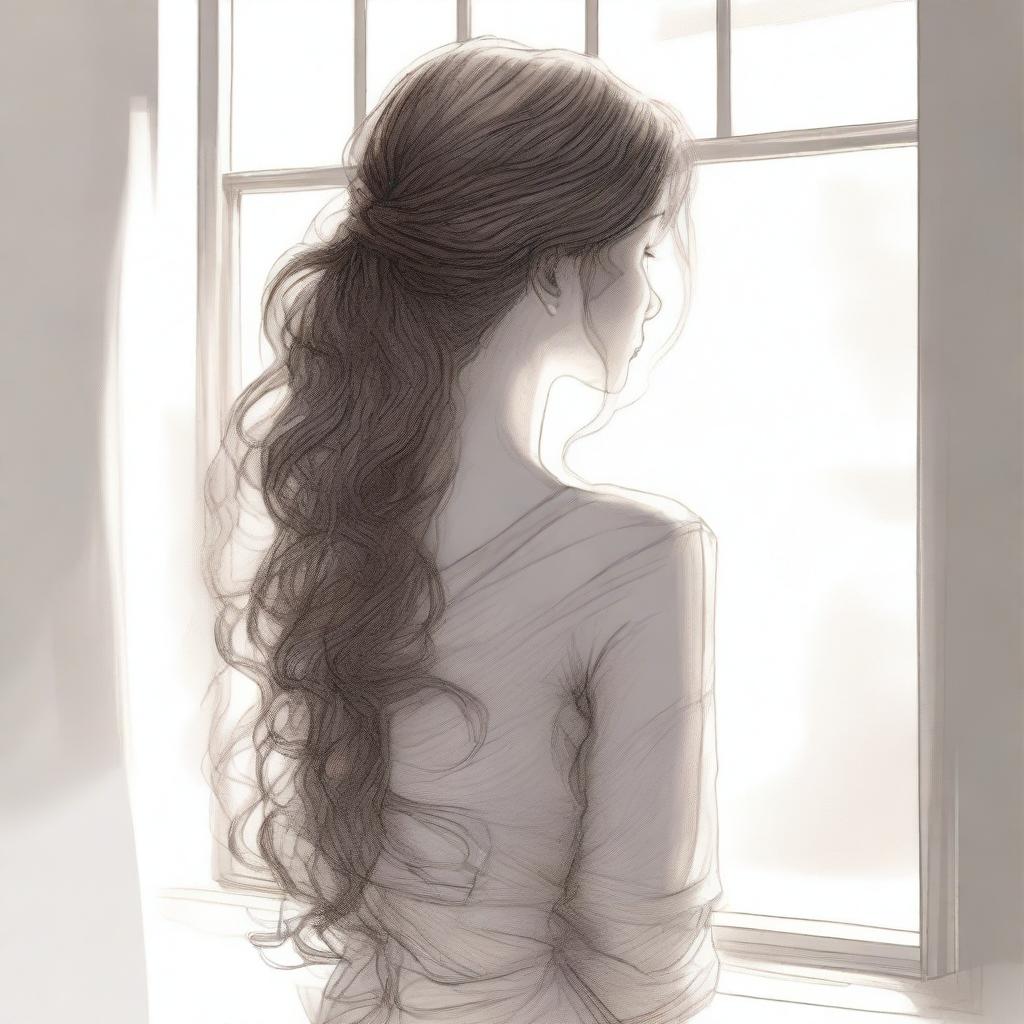 A detailed sketched image of a girl with beautiful hair cascading down her back