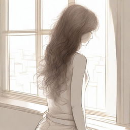 A detailed sketched image of a girl with beautiful hair cascading down her back