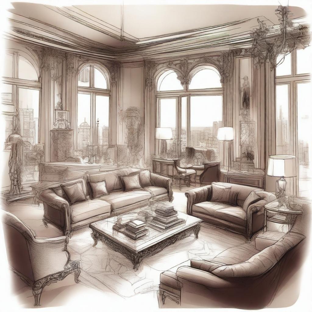 A sketched image of an expensive, cluttered penthouse filled with luxurious furniture, art pieces, and high-end items scattered around, capturing the opulence and chaos of a lavish lifestyle