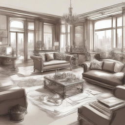 A sketched image of an expensive, cluttered penthouse filled with luxurious furniture, art pieces, and high-end items scattered around, capturing the opulence and chaos of a lavish lifestyle