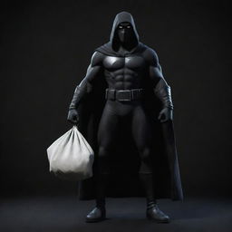 Full body, Disney-style animated depiction of a vigilante with a cloth bag slung over one shoulder, set against a dark, black-themed background.