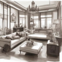 A sketched image of an expensive, cluttered penthouse filled with luxurious furniture, art pieces, and high-end items scattered around, capturing the opulence and chaos of a lavish lifestyle