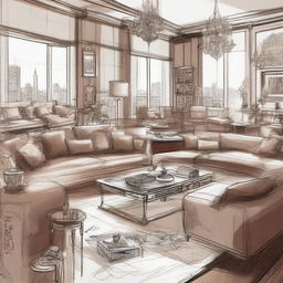 A sketched image of an expensive, cluttered penthouse filled with luxurious furniture, art pieces, and high-end items scattered around, capturing the opulence and chaos of a lavish lifestyle