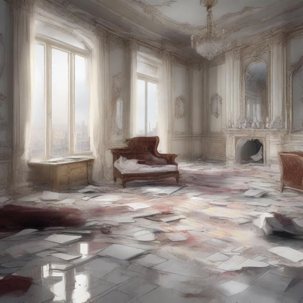 A sketched image of a scene that looks like a hurricane had ripped through a once-immaculate modern penthouse