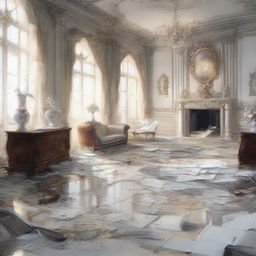 A sketched image of a scene that looks like a hurricane had ripped through a once-immaculate modern penthouse