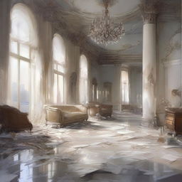 A sketched image of a scene that looks like a hurricane had ripped through a once-immaculate modern penthouse