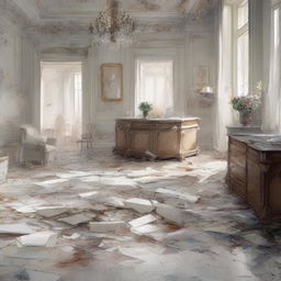 A sketched image of a scene that looks like a hurricane had ripped through a once-immaculate modern penthouse