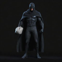 Full body, Disney-style animated depiction of a vigilante with a cloth bag slung over one shoulder, set against a dark, black-themed background.