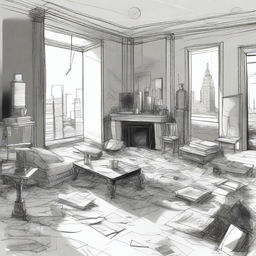 A sketched black and white drawn image of a cluttered modern penthouse apartment