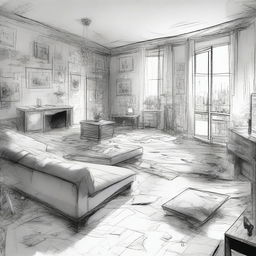 A sketched black and white drawn image of a cluttered modern penthouse apartment